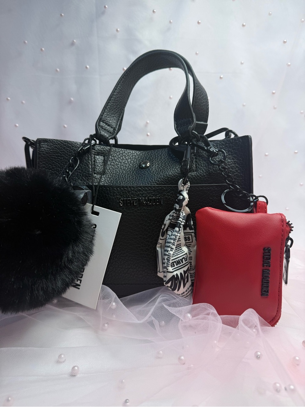 Steve Madden Black Pebbled Satchel Top Handle w/Charms & Coin Pouch